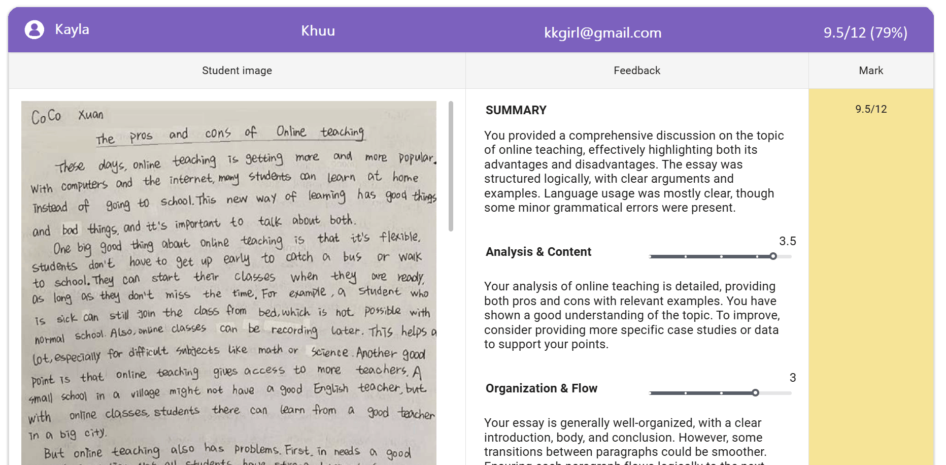 AI grading table showing essay feedback and rubric criteria