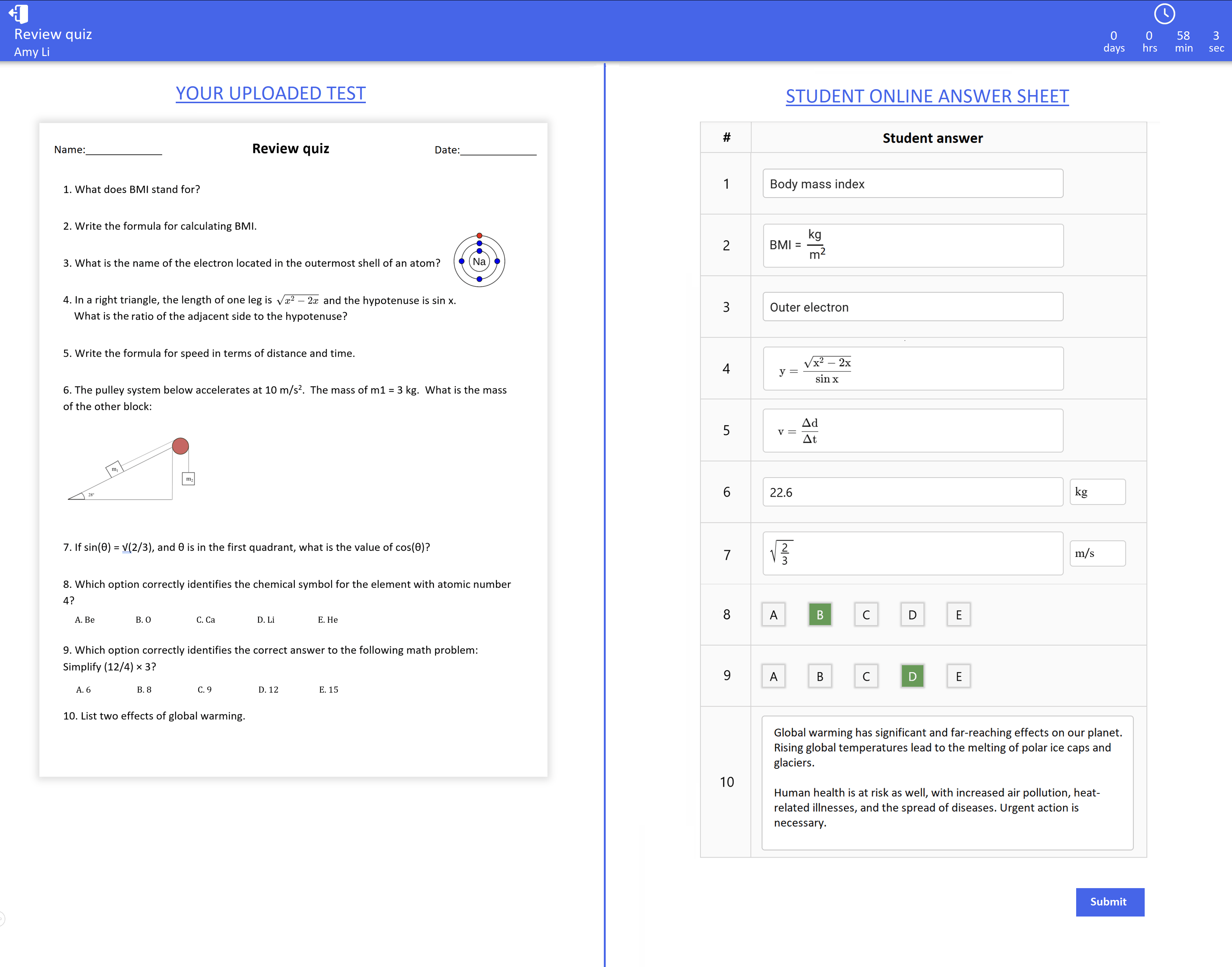 Online answer sheet example