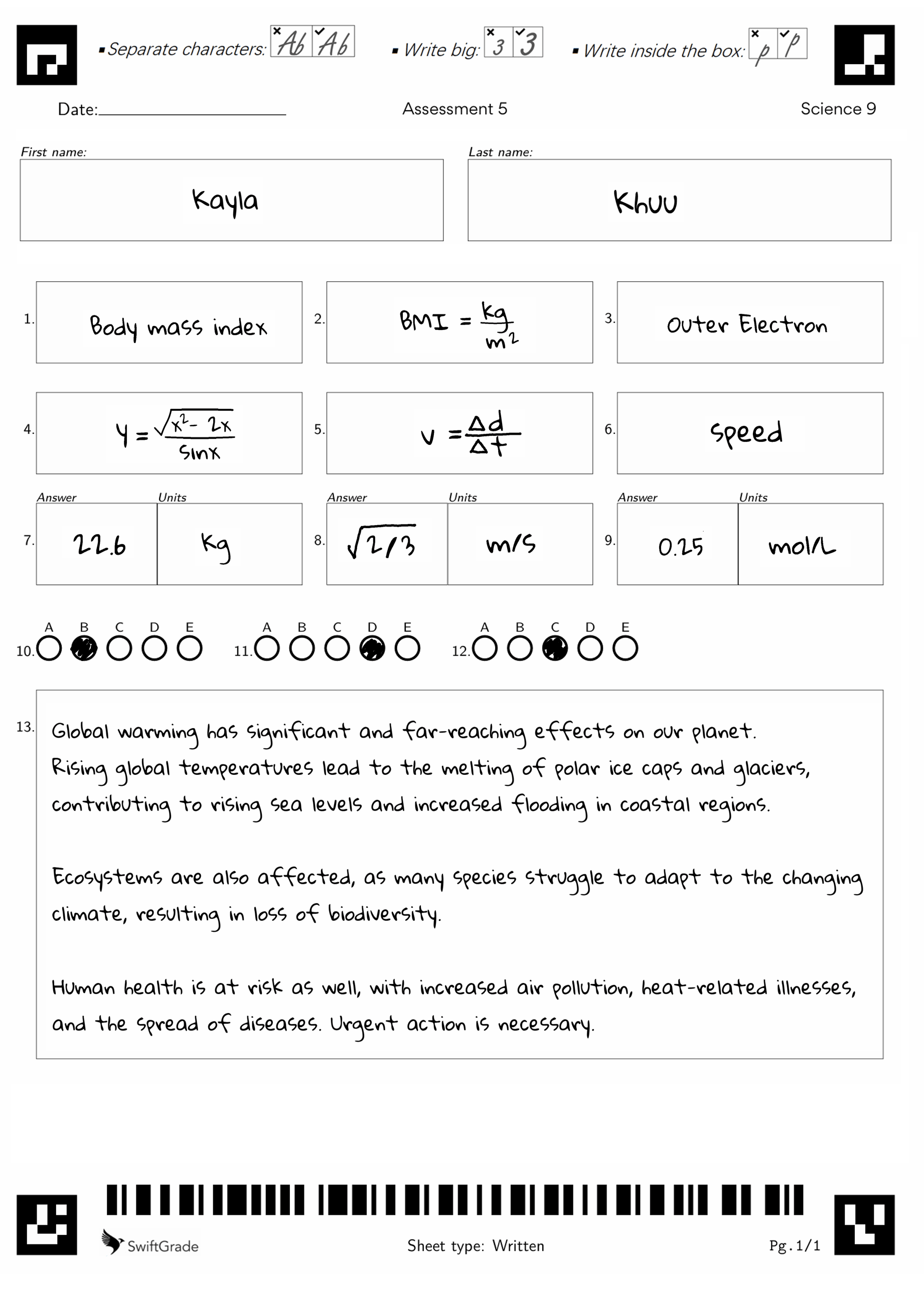 Paper answer sheet example